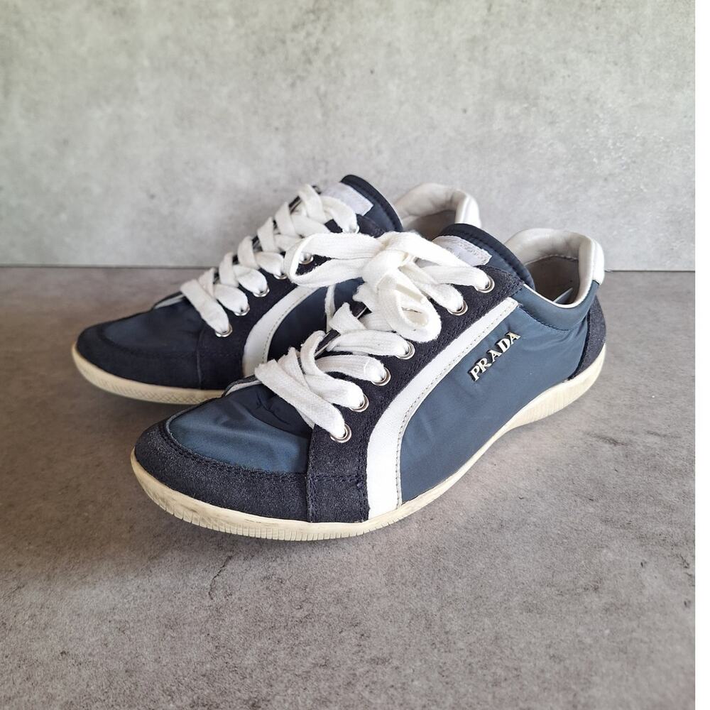 Prada Sport Blue Leather and Nylon Low Top Sneakers tennis luxury designer 37